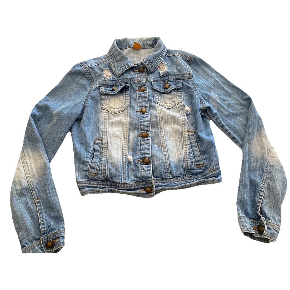 JouJou‎ Womens Medium Light Blue Jean Distressed Cropped Long Sleeve Jacket